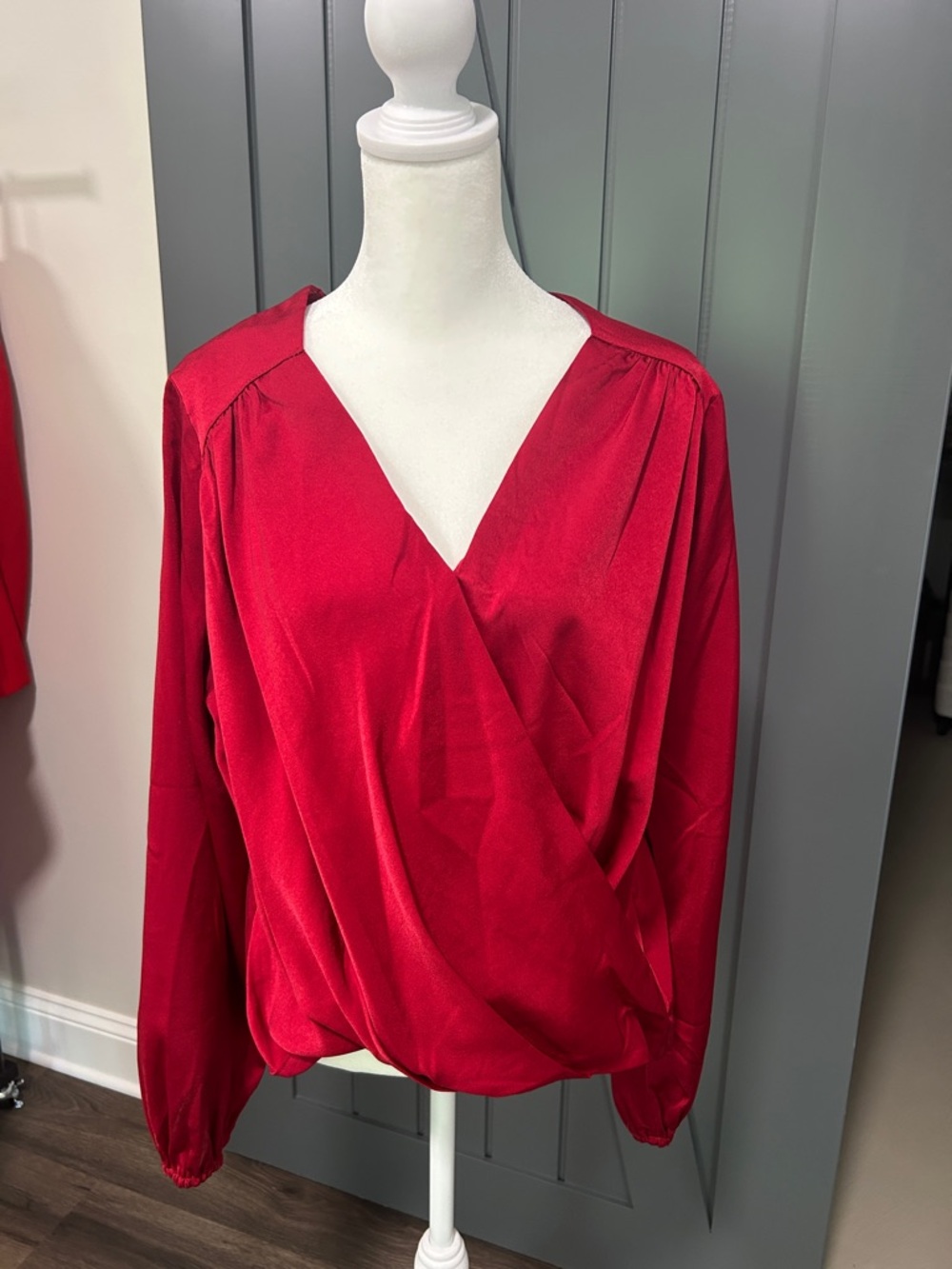 She + Sky Crimson Holiday Red Surplice Long-Sleeve Blouse